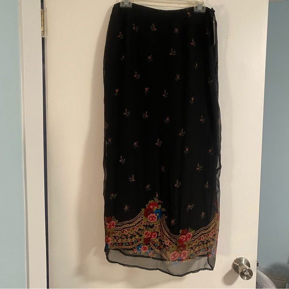 New York City Design Co. Dresses & Skirts - NWT 100% Silk Midi Skirt Black/ Pink Floral Flower Fairy Flowy Boho Cottage Core
